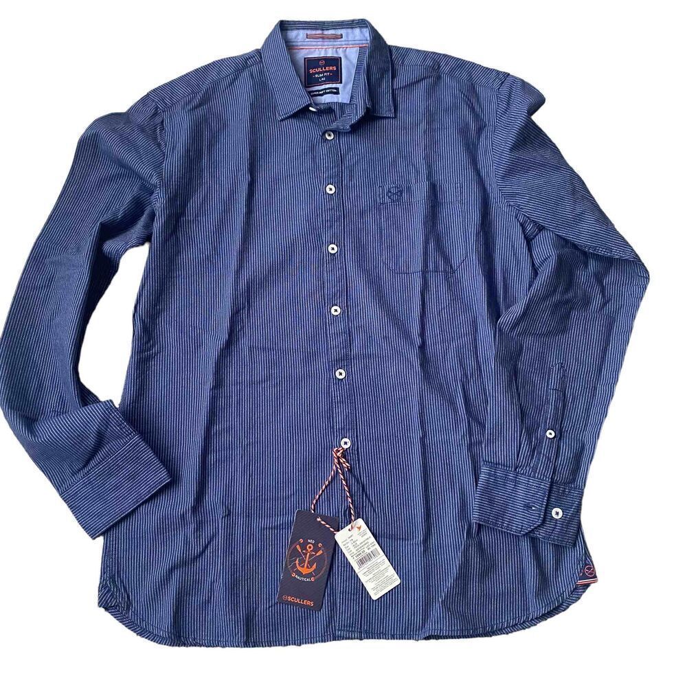 NWT Scullers Button Front Shirt Blue Grey  Check Sz L slim Fitted 42cm Cotton
